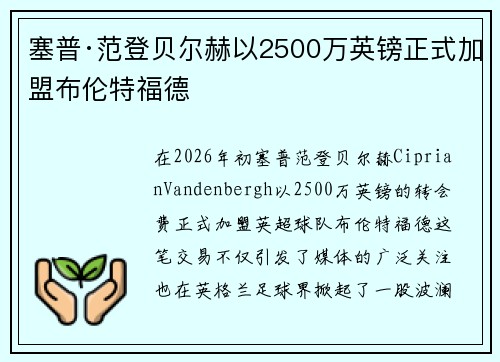 塞普·范登贝尔赫以2500万英镑正式加盟布伦特福德